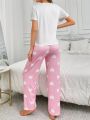 Women'S Letter Printed Short Sleeve T-Shirt And Heart Patterned Pants Pajama Set