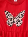 SHEIN Kids EVRYDAY Girls' Large Size Leopard & Butterfly Print Asymmetric Hem Top With Ruffle Trim And Leggings Set