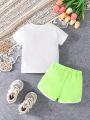 Baby Girl Heart Printed Short Sleeve T-Shirt And Shorts 2pcs/Set, Spring/Summer Comfortable,Casual,Cute, Sports, Outdoor, And Fashionable