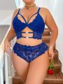 Women'S Plus Size Solid Color Lace Wireless Bra And Panty Set