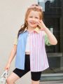 SHEIN Kids EVRYDAY Little Girl's Woven Color-block Striped Button-down Shirt With Single Pocket, Loose Fit