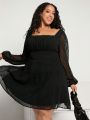 SHEIN CURVE+ Plus Size Mesh Splice Lantern Sleeve Square Neckline Dress