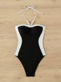 SHEIN Swim Chicsea Ladies' Color Block One-Piece Swimsuit With Halter Neck