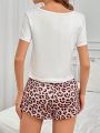 Women's Butterfly & Letter Print Short Sleeve Top With Leopard Print Shorts Pajama Set