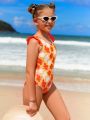 Girls Floral Print Ruffle Trim One Piece Swimsuit