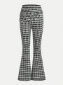 SHEIN Kids EVRYDAY Tween Girls' Knitted Solid Color Skinny Flare Pants Plus Knitted Plaid Skinny Flare Pants Two Piece Set