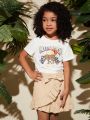 SHEIN Kids Cooltwn Young Girl Round Neck Short Sleeve T-Shirt And Ruffled Hem Skirt Suit