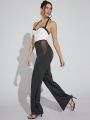 Luxe High Waist Contrast Mesh Wide Leg Pants