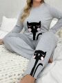 Women's Plus Size Cat Pattern Pajama Set
