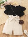 Teen Girls' Solid Color Ruffled Hem Top And Shorts Set