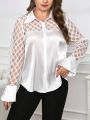 SHEIN Privé Plus Size Plaid Mesh Panel Flare Sleeve Shirt