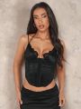 SHEIN BAE Black Lace & Satin Panel Boned Corset Top With Bustier New Years Eve New Years Outfit Christmas Vest