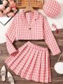 SHEIN Kids FANZEY Tween Girls' Plaid Notch Collar Jacket And Pleated Mini Skirt Set