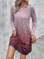 Round Neck Long Sleeve Ombre Dress