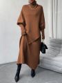 SHEIN Essnce Turtleneck Batwing Sleeve Loose Sweater & Midi Skirt Set