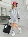 SHEIN Tween Girl Loose Fit Casual Hooded Pullover Heart Patterned Dress