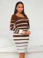SHEIN SXY Sweater Gradient Striped Tight-Fitting Long Dress In Brown, Sexy