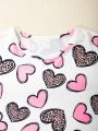 SHEIN Kids FANZEY Girls' Full-Print Heart Pattern Casual T-Shirt With Round Neck