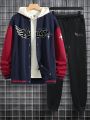 Men's Plus Size Letter Printed Contrast Color Baseball Jacket And Pants Set