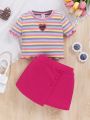 SHEIN Kids Cooltwn Young Girl Daily Sweet And Cool Striped Round Neck Short-Sleeved Top And Skirt