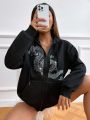 SHEIN Coolane Casual Hooded Sweatshirt With Dragon Pattern And Rhinestone Embellishments