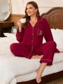 Plus Size Women's Loose Fit Wine Red Pyjamas Set With Bear Print, Autumn And Winter