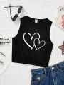 Tween Girls' Casual Heart Pattern Sleeveless Top, Simple Style For Summer