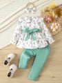 Baby Girls' Floral Printed Belted Shirt And Solid Color Pants Set