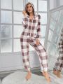 Women's Zip-up Plush Plaid Pattern Sleepwear Jumpsuit