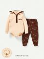 Cozy Cub Baby Boy Letter Graphic Hooded Bodysuit & Bear Print Sweatpants