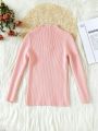 Young Girl Mock Neck Zipper Front Ribbed Knit Sweater