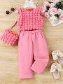 Baby Girls' Textured Vest And Pants Set With Matching Bag