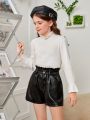 SHEIN Tween Girl Paperbag Waist PU Leather Shorts