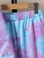 Teen Girls' Letter Print Tie Dye Inner Lined Hoodie And Sports Pants Two Piece Set For Warmth