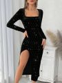 SHEIN Privé Elegant Velvet Dress With Hot Drilling For Valentine'S Day, New Year'S Day And Christmas Day