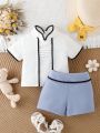 Baby Girl Casual Cute Color Block Decor Short Sleeve Top And Shorts Set For Summer