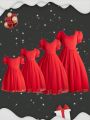 Red Lace A-line Princess Dress With Puff Sleeves And Empire Waist For Daily Wear In Spring/summer