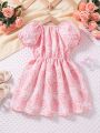 SHEIN Kids CHARMNG Little Girls' Romantic & Gorgeous Floral Print Bubble Sleeve A-Line Party Dress For Spring/Summer