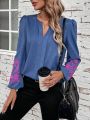 SHEIN LUNE Flower Embroidery Notch Neck Blouse