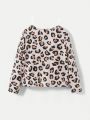 SHEIN Kids EVRYDAY Toddler Girls' Knitted Cat Pattern Round Neck T-shirt And Leopard Pattern Stitched T-shirt Two Plus One Set