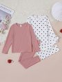 SHEIN Young Girl Knitted Solid Color Top And Pants Set With Ruffle Collar, 2pcs Homewear