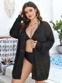 SHEIN Swim Basics Women's Plus Size Kimono Cardigan With V-neck, Black