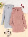 SHEIN Kids EVRYDAY Tween Girl 2pcs Ribbed Knit Hooded Dress