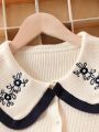 Little Girls' Floral Embroidered Doll Collar Sweater And Pleated Skirt Outfit