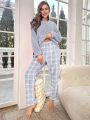 Plush Solid Color Long Sleeve Top And Plaid Pants Homewear Set