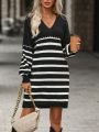 Striped Pattern Drop Shoulder Sweater Dress