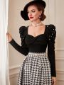 SHEIN DECDS Vintage Elegant Top For New Year's Christmas Party With Pleated Front, Twisted Knot, Pearl & Stud Decor Long Sleeve T-Shirt