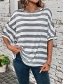 SHEIN LUNE Women's Round Neck Striped T-shirt