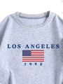 Women's Grey Round Neck Sweatshirt With American Flag Print