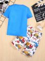 SHEIN Boys' Car & Letter Printed Compression Fit Casual Round Neck Short Sleeve T-Shirt And Shorts Home Wear 2pcs Set